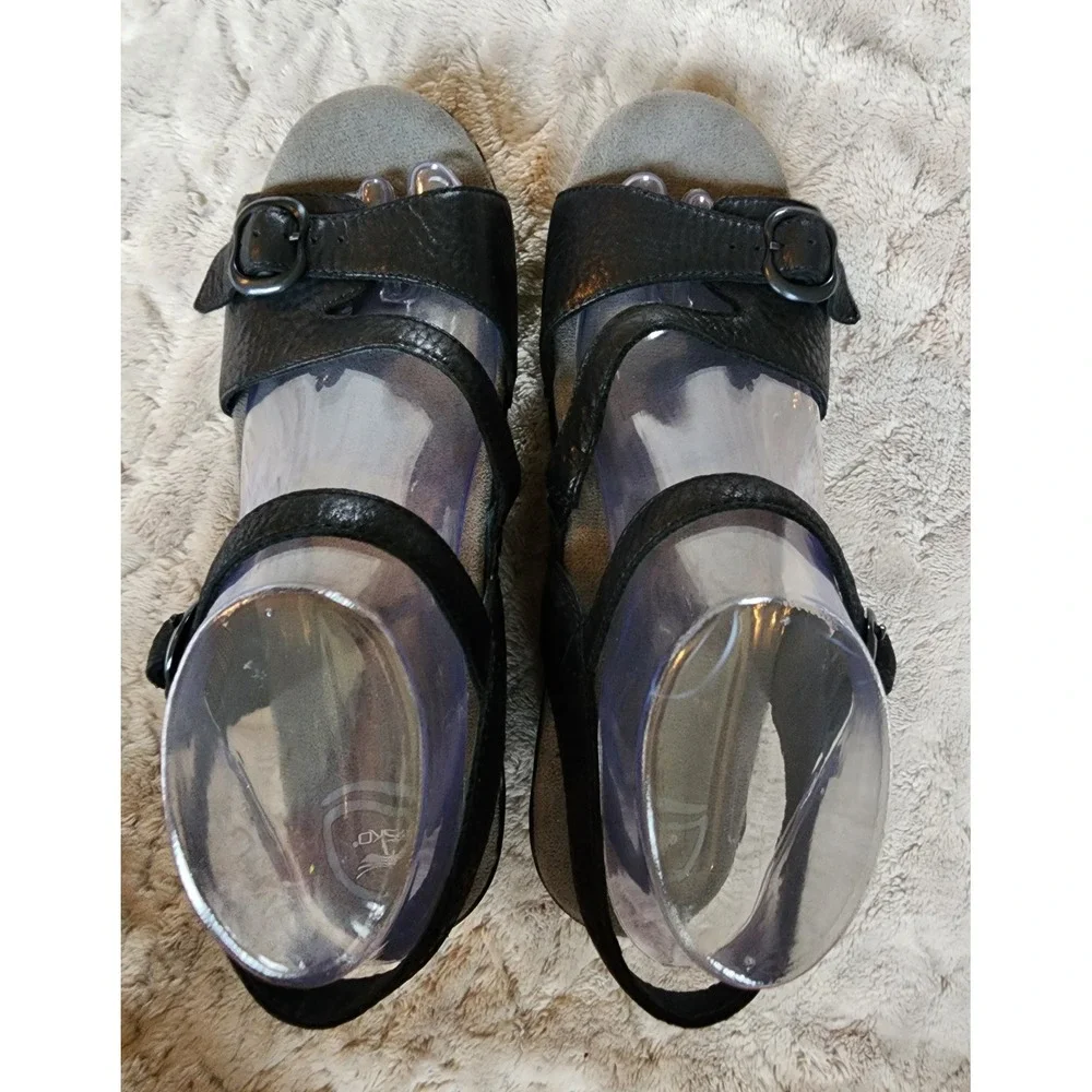 Dansko Black Pebbled Leather Wedge Sandals Strappy Slingback Buckle Shoes Eu 40